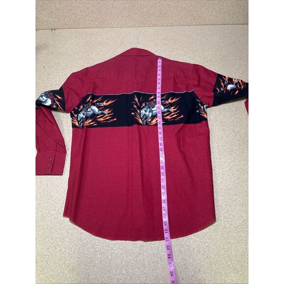 Vtg Red WRANGLER WESTERN SHIRT Sz L Pearl Snap Bull Riding Flames Cowboy - Picture 6 of 6